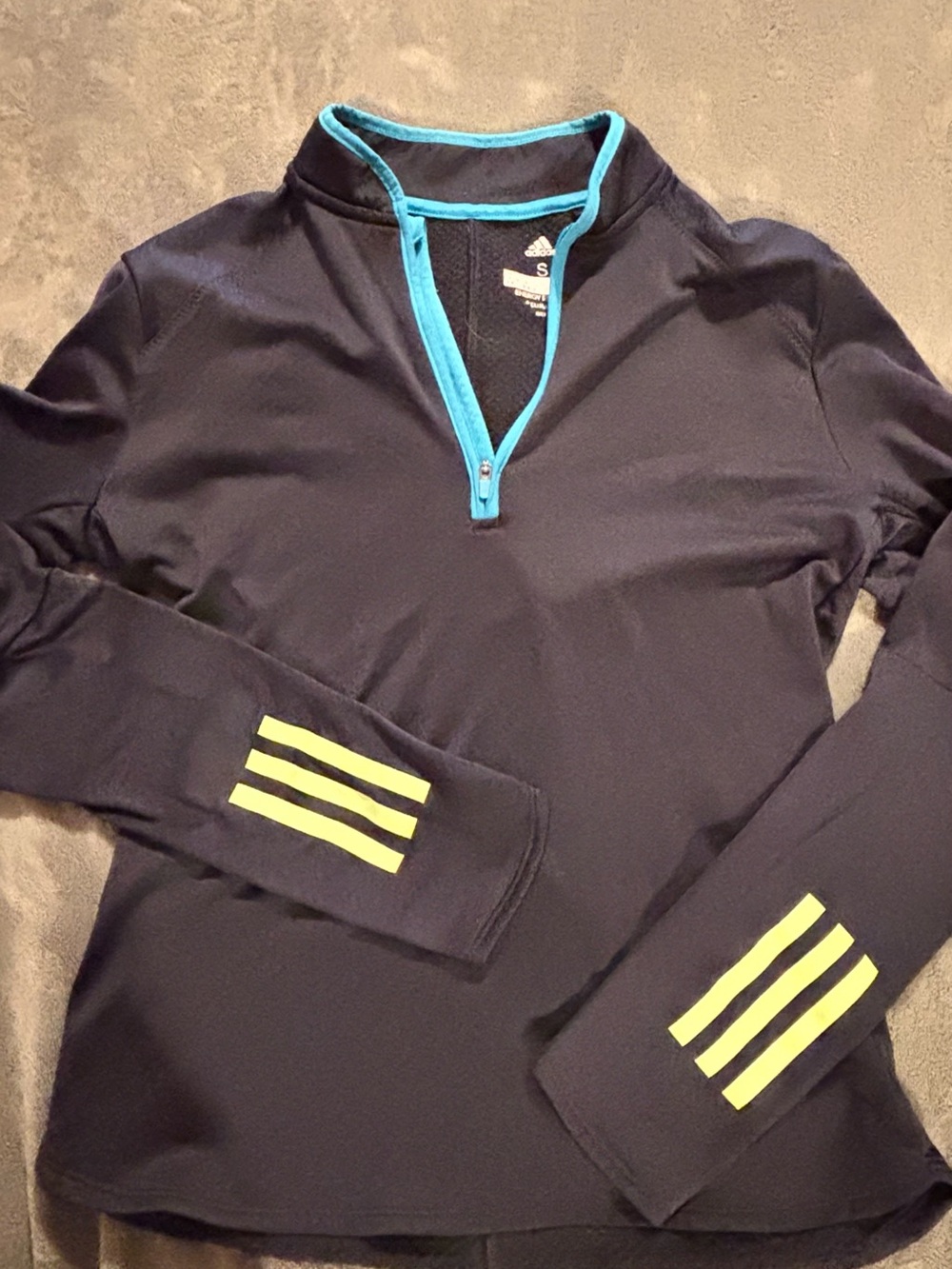 adidas dark blue Boston marathon with Aqua Trim and Neon Yellow Sleeve Stripes